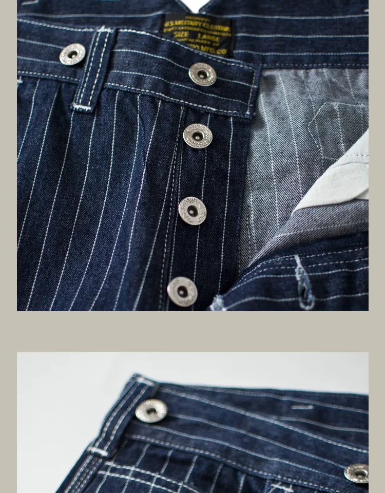 13.5oz Paris Buckle Vintage Vertical Striped Raw Blue Denim Jeans Men Amekaji Wide Leg Loose Straight Bib Suit Pants Handsome