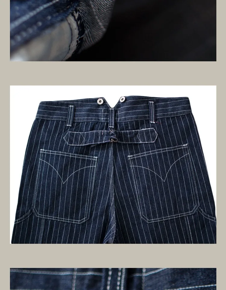 13.5oz Paris Buckle Vintage Vertical Striped Raw Blue Denim Jeans Men Amekaji Wide Leg Loose Straight Bib Suit Pants Handsome