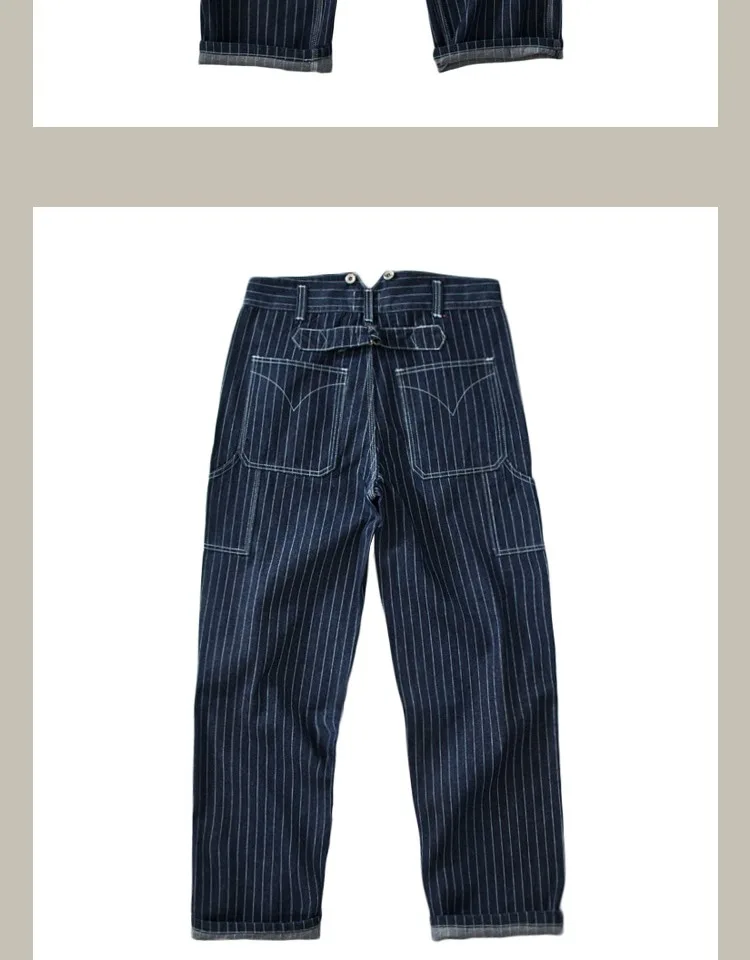 13.5oz Paris Buckle Vintage Vertical Striped Raw Blue Denim Jeans Men Amekaji Wide Leg Loose Straight Bib Suit Pants Handsome