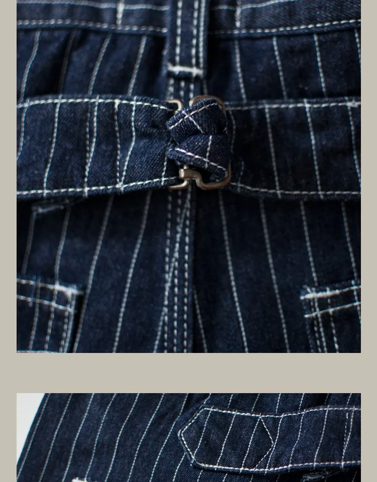 13.5oz Paris Buckle Vintage Vertical Striped Raw Blue Denim Jeans Men Amekaji Wide Leg Loose Straight Bib Suit Pants Handsome