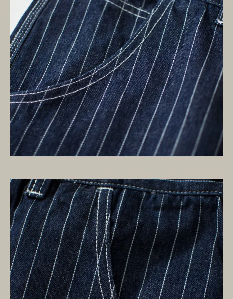 13.5oz Paris Buckle Vintage Vertical Striped Raw Blue Denim Jeans Men Amekaji Wide Leg Loose Straight Bib Suit Pants Handsome