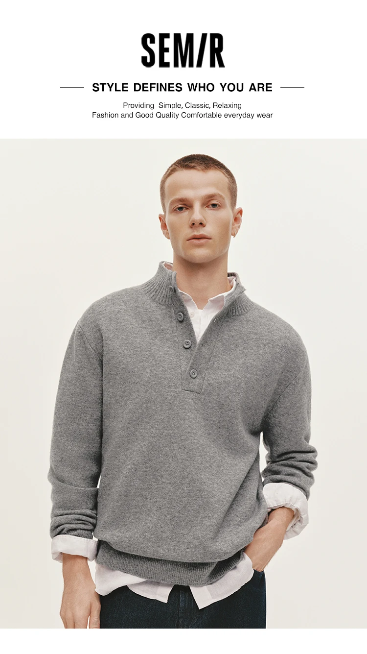 Semir Knitted Sweater Men Winter Half-Open Placket High Collar Wool Blend 2025 New Basic Pullover Men's Clothing