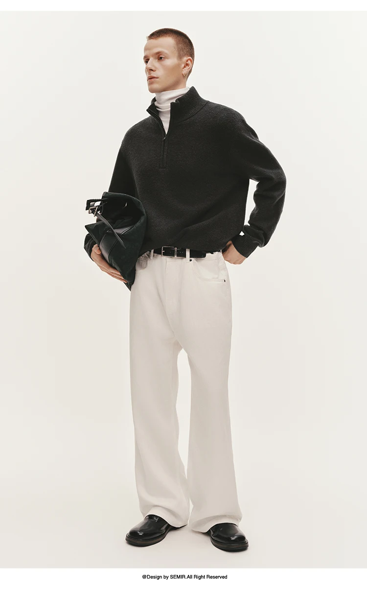 Semir Knitted Sweater Men Winter Half-Open Placket High Collar Wool Blend 2025 New Basic Pullover Men's Clothing