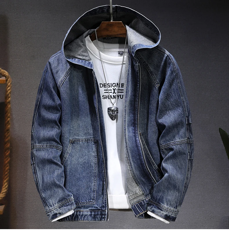 Men's hooded denim jacket jacket New spring, autumn and winter models Casual versatile blue zipper denim jacket for men