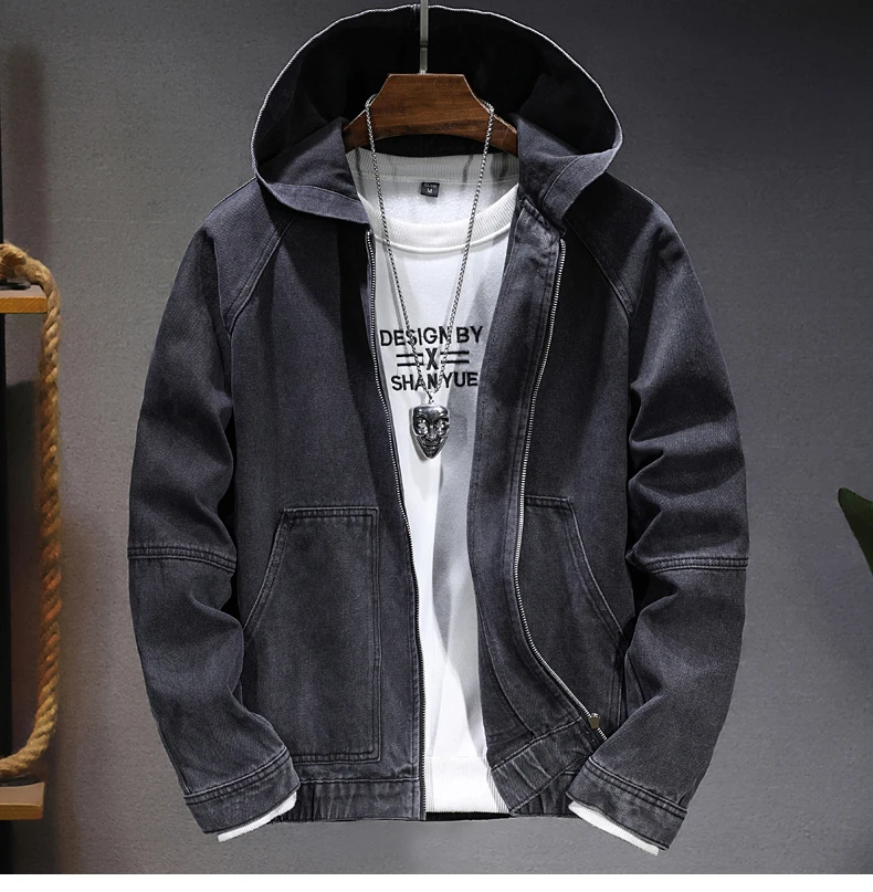 Men's hooded denim jacket jacket New spring, autumn and winter models Casual versatile blue zipper denim jacket for men