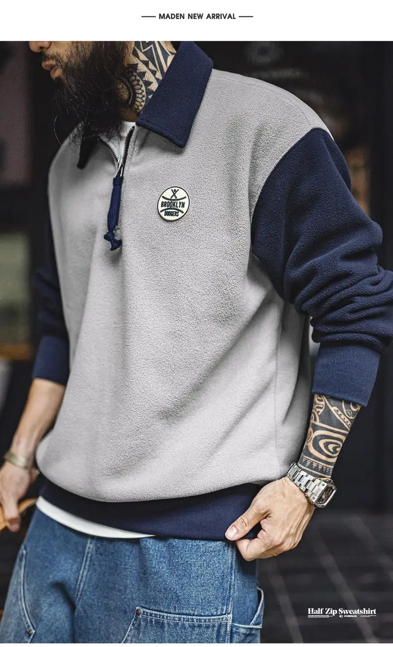 Maden Men's Polar Fleece Half Zip Sweatshirt Preppy Style Polo Collar with Color Block Thermal Pullover for Fall Winter Layering