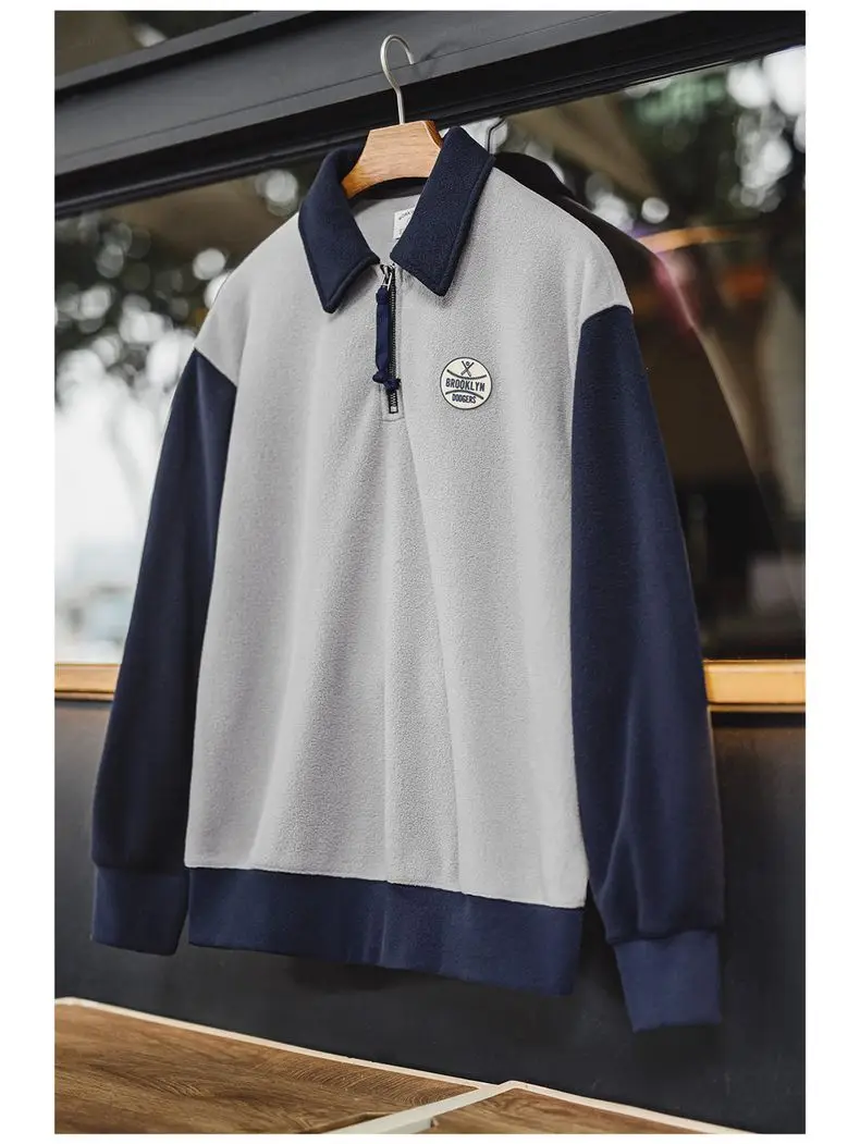 Maden Men's Polar Fleece Half Zip Sweatshirt Preppy Style Polo Collar with Color Block Thermal Pullover for Fall Winter Layering