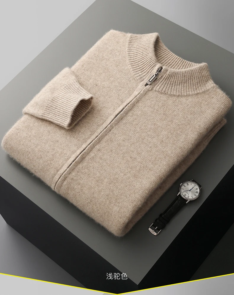 DjzDsm Men's 100% Pure Wool Top Coat Thickened Half High Collar Knitted Sweater Loose Zipper Half High Collar Outerwear Sweater