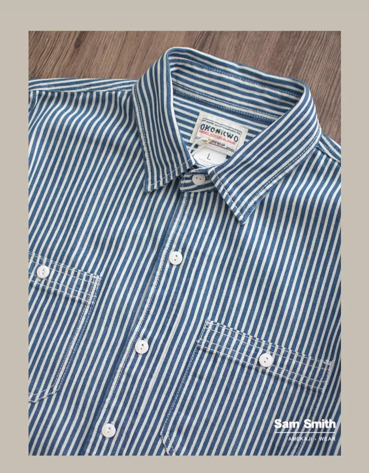 Heavyweight American Vintage Amekaji Shirt Amekaji 100% Cotton Blue White Vertical Stripe Workwear Shirt with Dual Chest Pockets