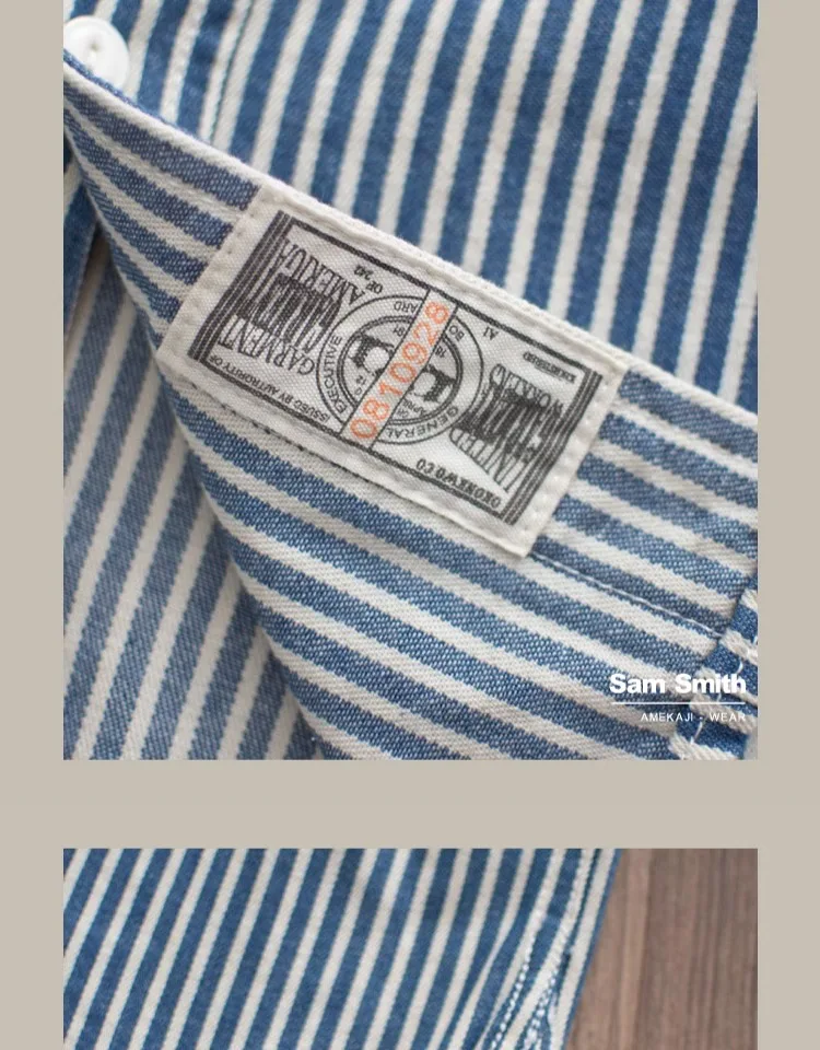 Heavyweight American Vintage Amekaji Shirt Amekaji 100% Cotton Blue White Vertical Stripe Workwear Shirt with Dual Chest Pockets