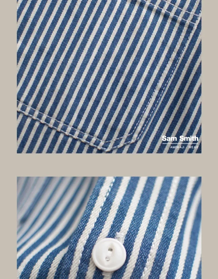 Heavyweight American Vintage Amekaji Shirt Amekaji 100% Cotton Blue White Vertical Stripe Workwear Shirt with Dual Chest Pockets