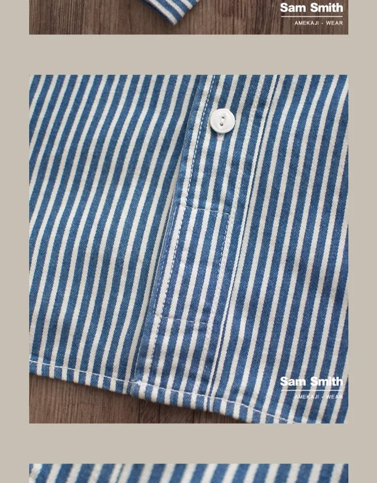 Heavyweight American Vintage Amekaji Shirt Amekaji 100% Cotton Blue White Vertical Stripe Workwear Shirt with Dual Chest Pockets