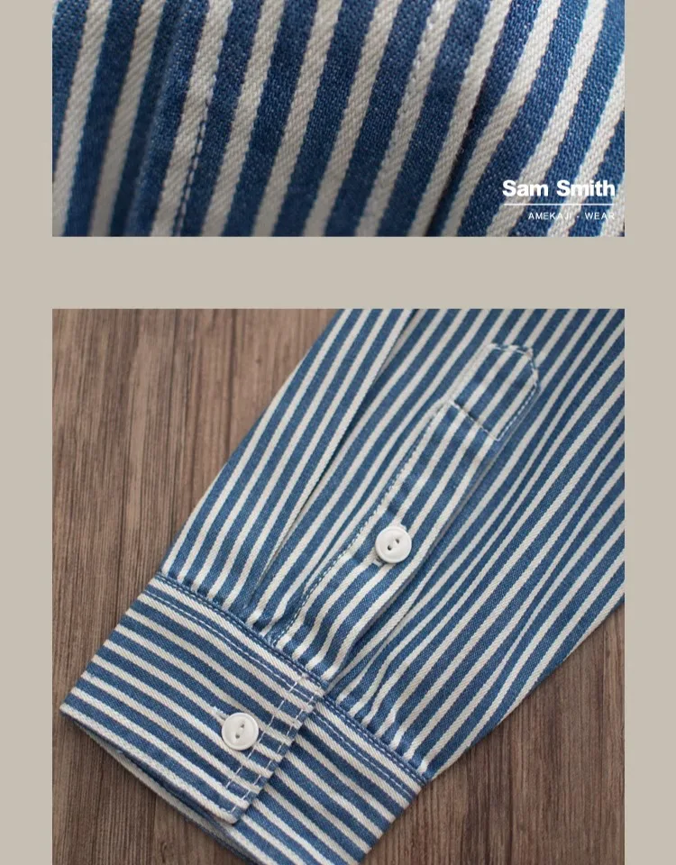 Heavyweight American Vintage Amekaji Shirt Amekaji 100% Cotton Blue White Vertical Stripe Workwear Shirt with Dual Chest Pockets