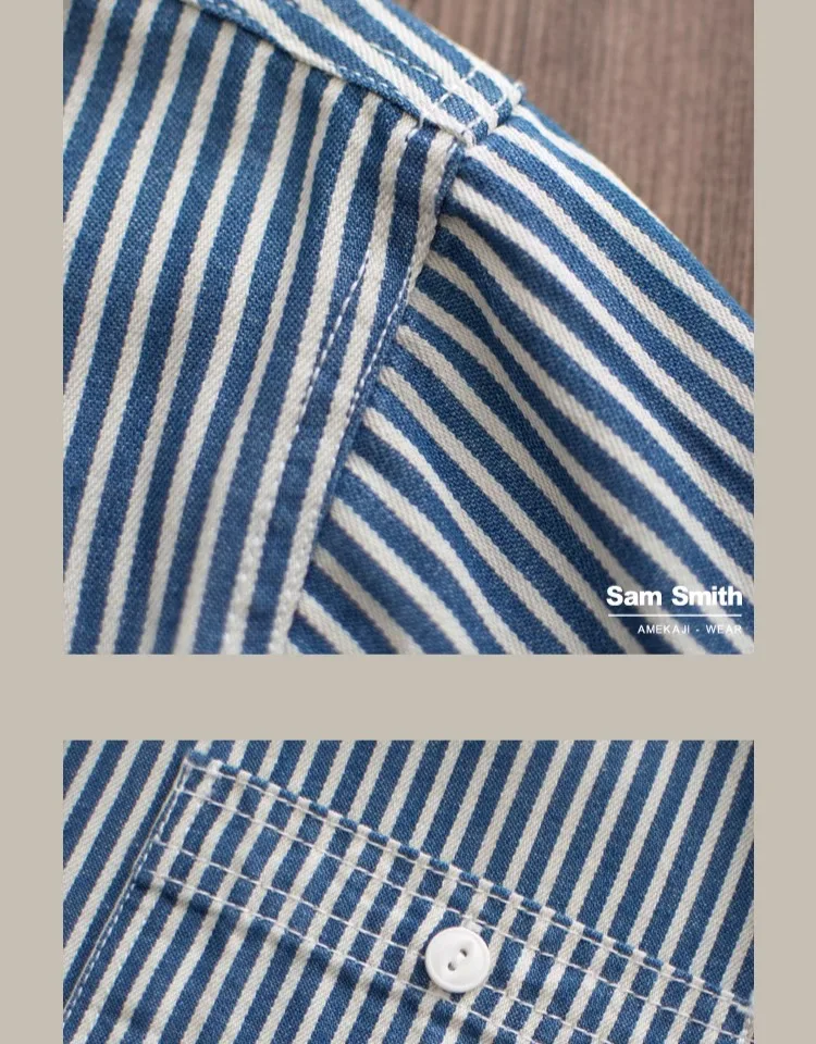 Heavyweight American Vintage Amekaji Shirt Amekaji 100% Cotton Blue White Vertical Stripe Workwear Shirt with Dual Chest Pockets