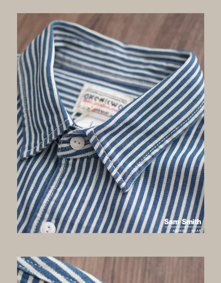 Heavyweight American Vintage Amekaji Shirt Amekaji 100% Cotton Blue White Vertical Stripe Workwear Shirt with Dual Chest Pockets