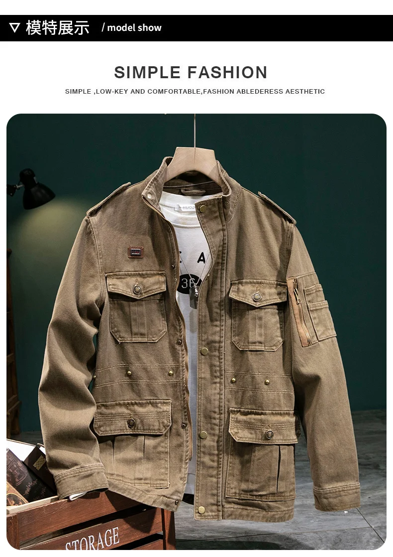 American Retro Style Men's Spring Casual Jackets Heavyweight Cotton Multi-Pockets Loose Cargo Jacket Fashion Outerwear