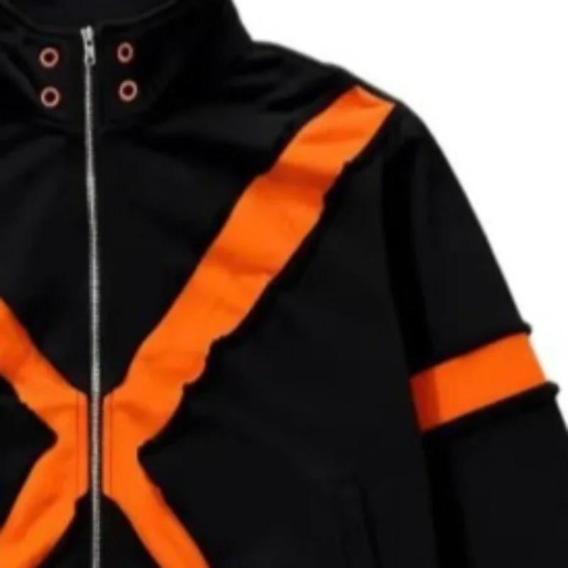 Men Jacket Y2K American Streetwear Zip Up Hoodie Splicing Raw Edge Cross X Pattern Stand Collar Hip Hop Track Coat New Trendy