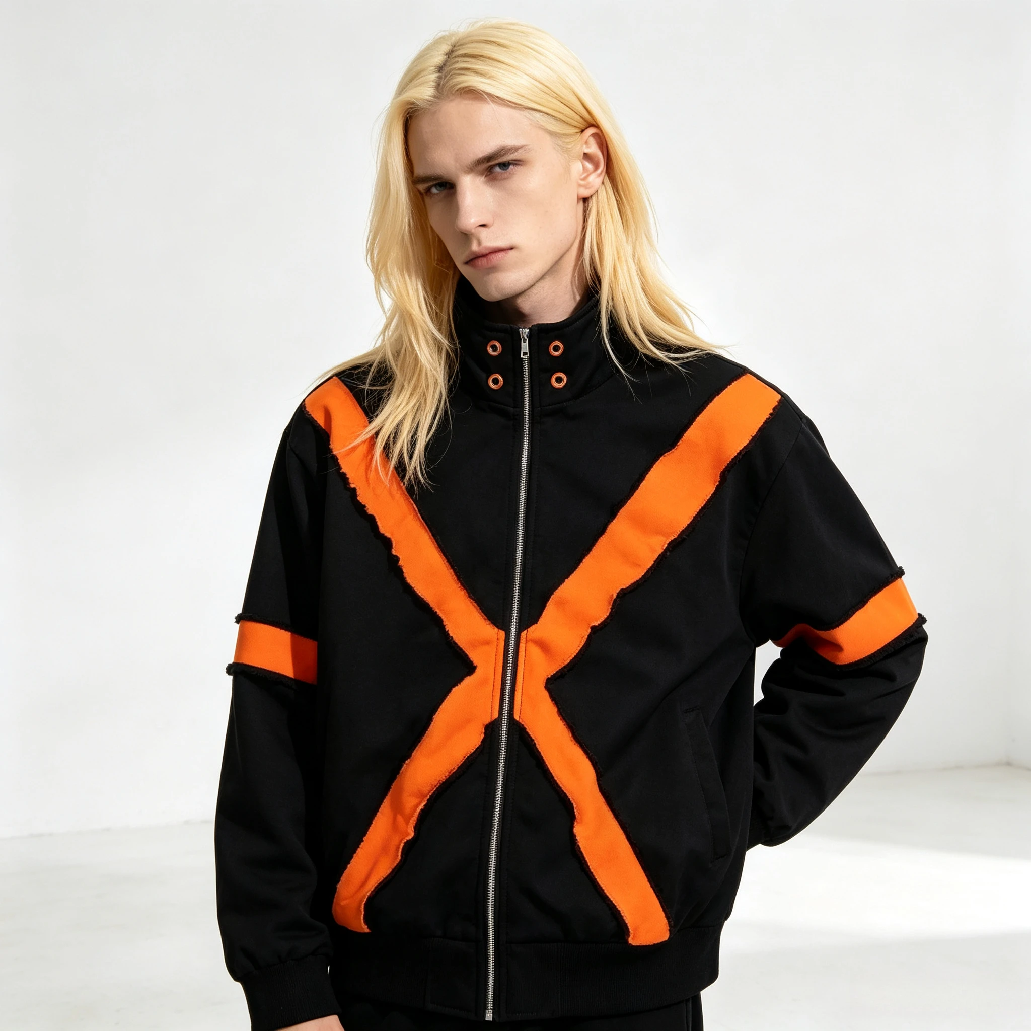 Men Jacket Y2K American Streetwear Zip Up Hoodie Splicing Raw Edge Cross X Pattern Stand Collar Hip Hop Track Coat New Trendy