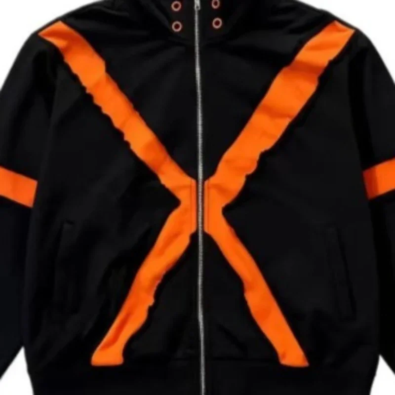 Men Jacket Y2K American Streetwear Zip Up Hoodie Splicing Raw Edge Cross X Pattern Stand Collar Hip Hop Track Coat New Trendy
