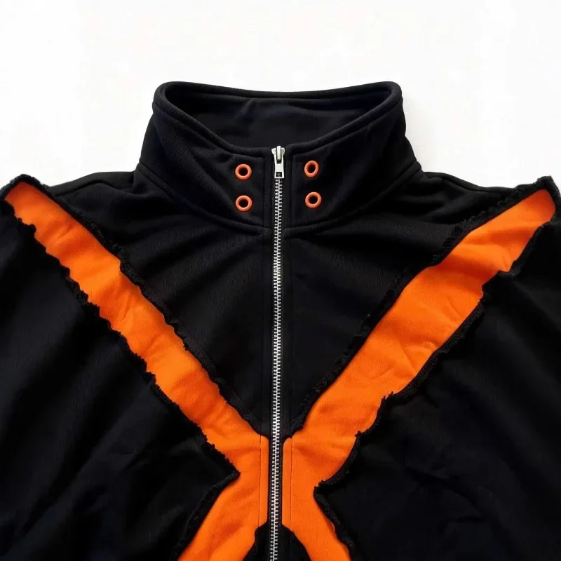 Men Jacket Y2K American Streetwear Zip Up Hoodie Splicing Raw Edge Cross X Pattern Stand Collar Hip Hop Track Coat New Trendy