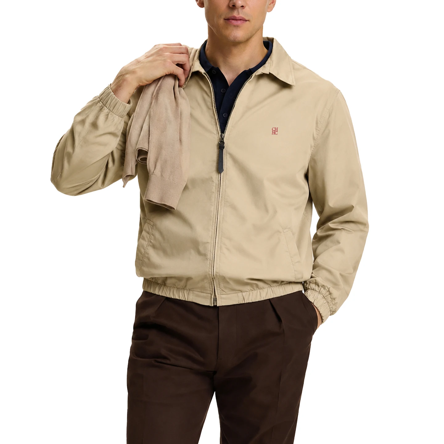 CH Mens Classic Point Collar Full Zip Subtle Chest Emblem Embroidery Elastic Hem Harrington Jacket Everyday All Match Outerwear
