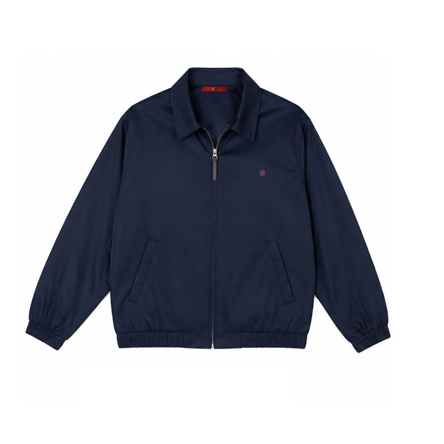 CH Mens Classic Point Collar Full Zip Subtle Chest Emblem Embroidery Elastic Hem Harrington Jacket Everyday All Match Outerwear