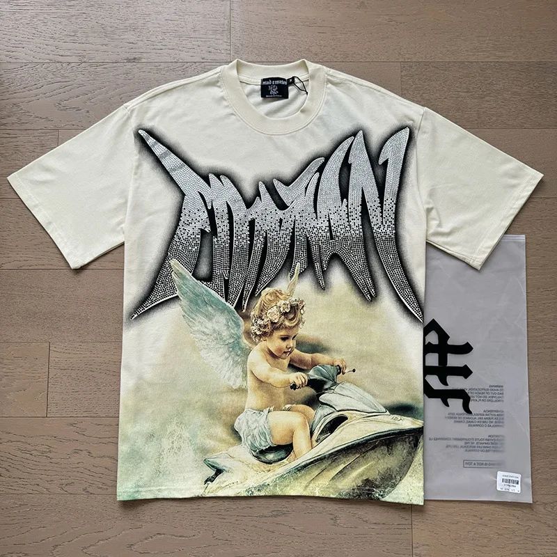 MIXED EMOTION American Retro Trend Diamond-Studded Letter Summer Street-Lounging Loose-Fitting Casual Couple T-Shirt