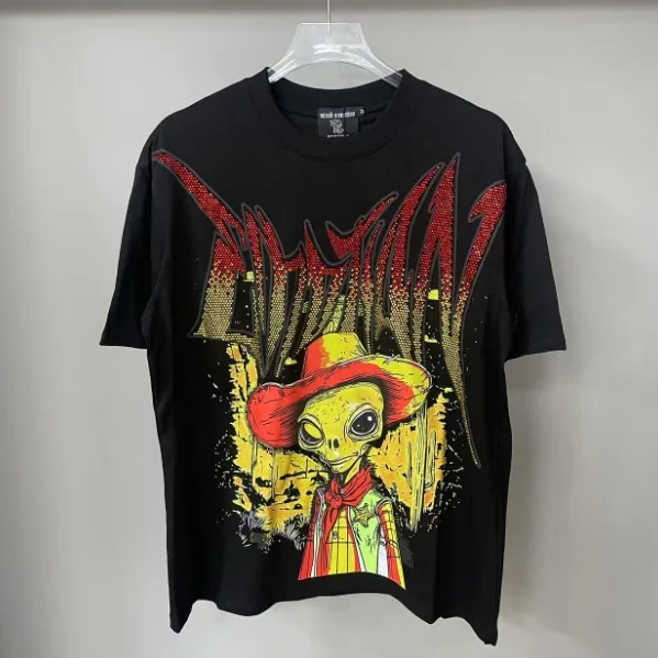 MIXED EMOTION American Retro Trend Diamond-Studded Letter Summer Street-Lounging Loose-Fitting Casual Couple T-Shirt