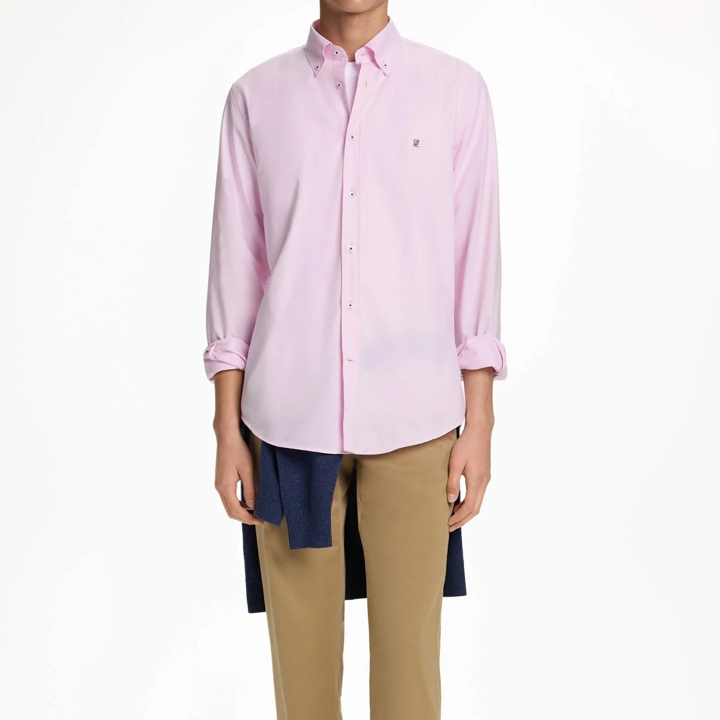 CH Logo Embroidered Solid Color Cotton Long Sleeve Shirt Men Button Down Collar Regular Fit Business Casual Daily Tops
