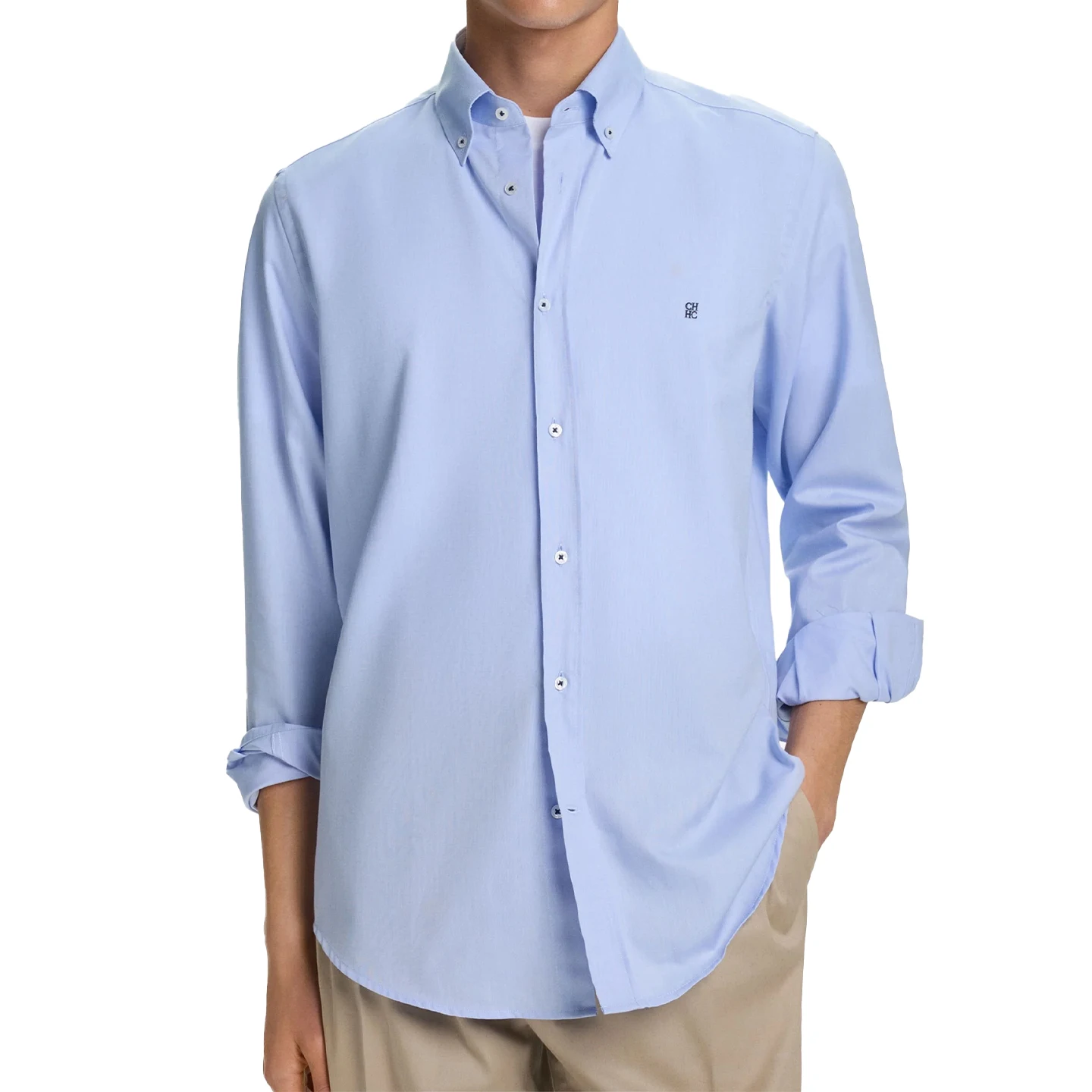 CH Logo Embroidered Solid Color Cotton Long Sleeve Shirt Men Button Down Collar Regular Fit Business Casual Daily Tops