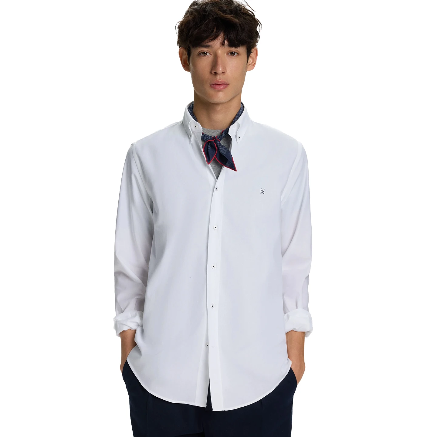 CH Logo Embroidered Solid Color Cotton Long Sleeve Shirt Men Button Down Collar Regular Fit Business Casual Daily Tops