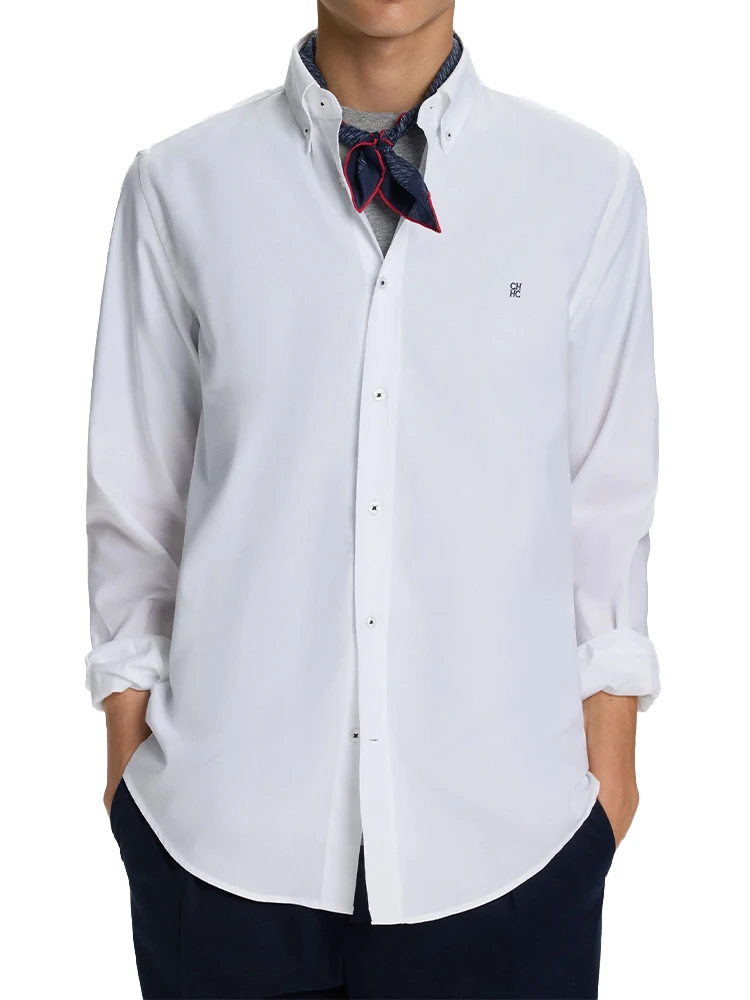 CH Logo Embroidered Solid Color Cotton Long Sleeve Shirt Men Button Down Collar Regular Fit Business Casual Daily Tops