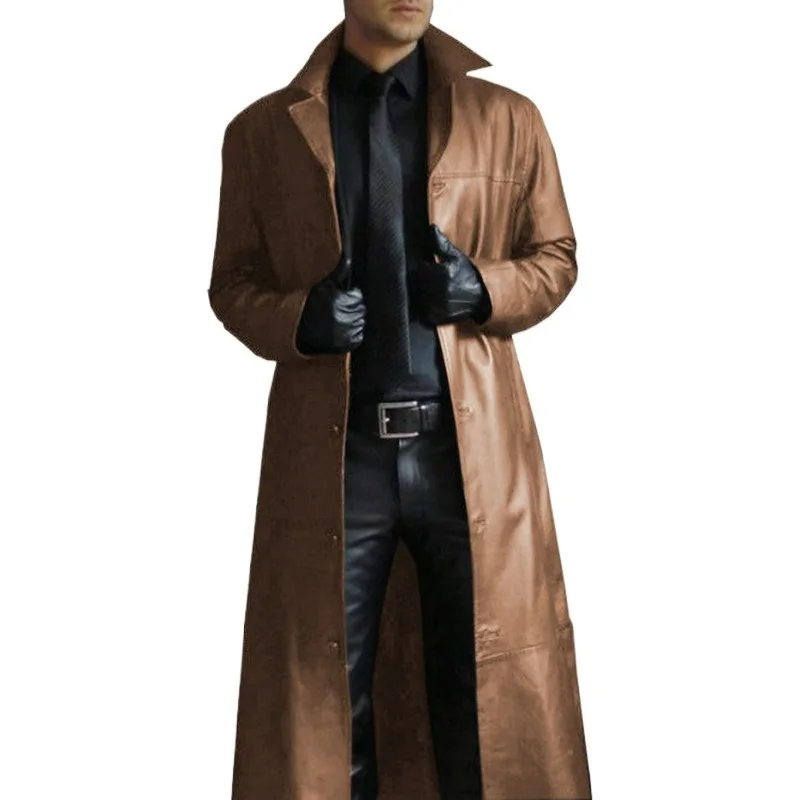 KIDWHXR Man Leather Trench Coat Autumn Turn Down Collar Windproof Men Jacket Streetwear Slim Long Sleeve Man Windbreaker