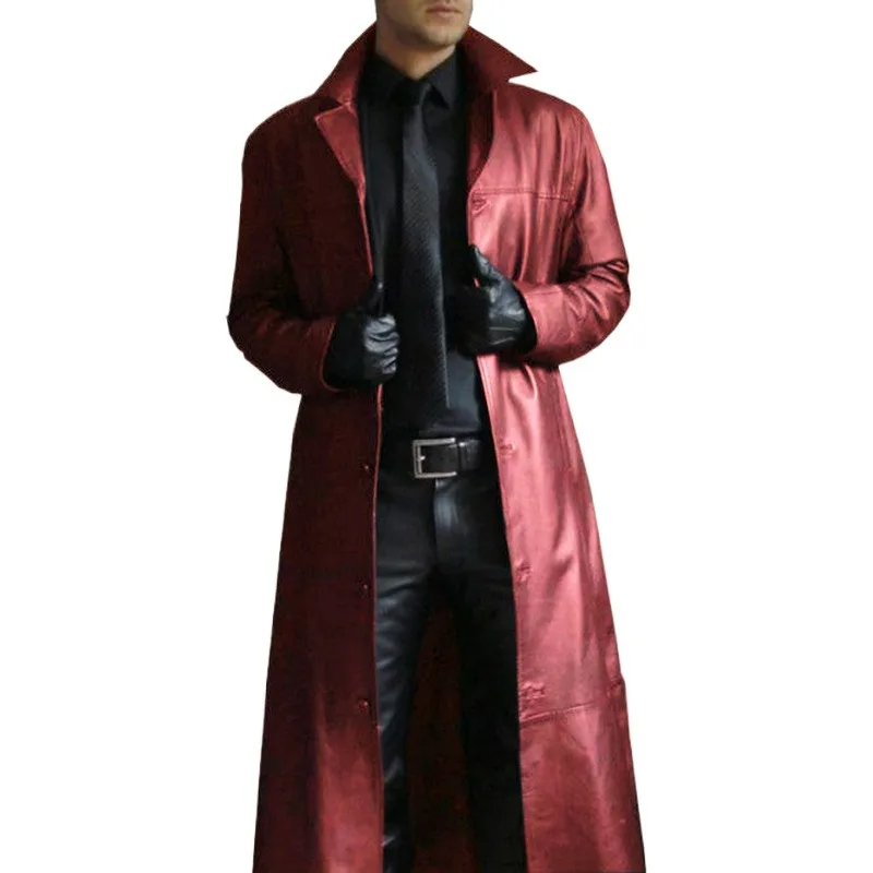 KIDWHXR Man Leather Trench Coat Autumn Turn Down Collar Windproof Men Jacket Streetwear Slim Long Sleeve Man Windbreaker