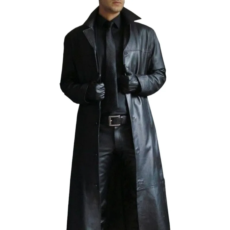 KIDWHXR Man Leather Trench Coat Autumn Turn Down Collar Windproof Men Jacket Streetwear Slim Long Sleeve Man Windbreaker