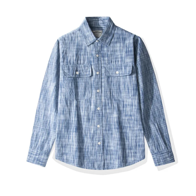 Japanese Vintage Kasuri Weave Work Shirt for Men 2026 Autumn Retro Amekaji Rain Pattern Long Sleeve Shirt OKONKWO