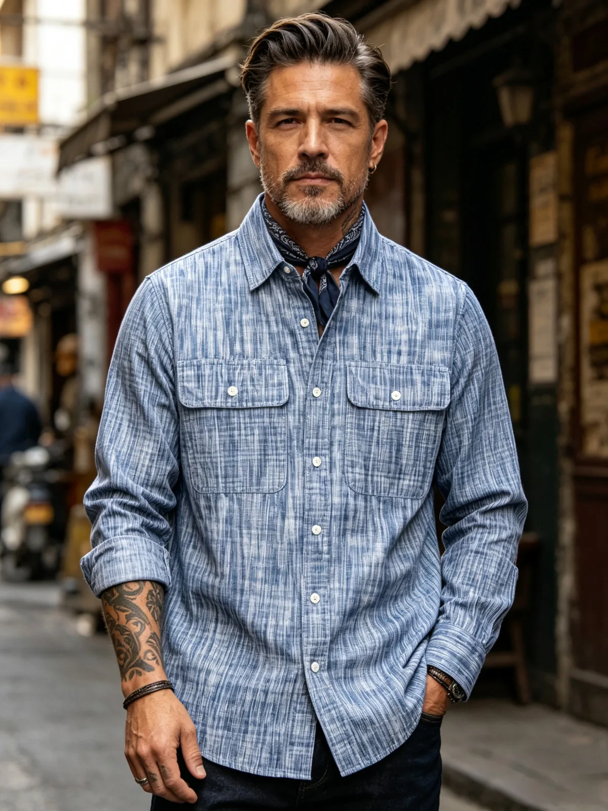 Japanese Vintage Kasuri Weave Work Shirt for Men 2026 Autumn Retro Amekaji Rain Pattern Long Sleeve Shirt OKONKWO