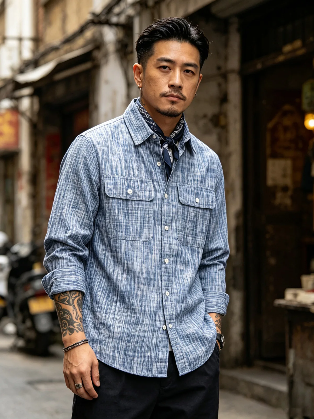 Japanese Vintage Kasuri Weave Work Shirt for Men 2026 Autumn Retro Amekaji Rain Pattern Long Sleeve Shirt OKONKWO
