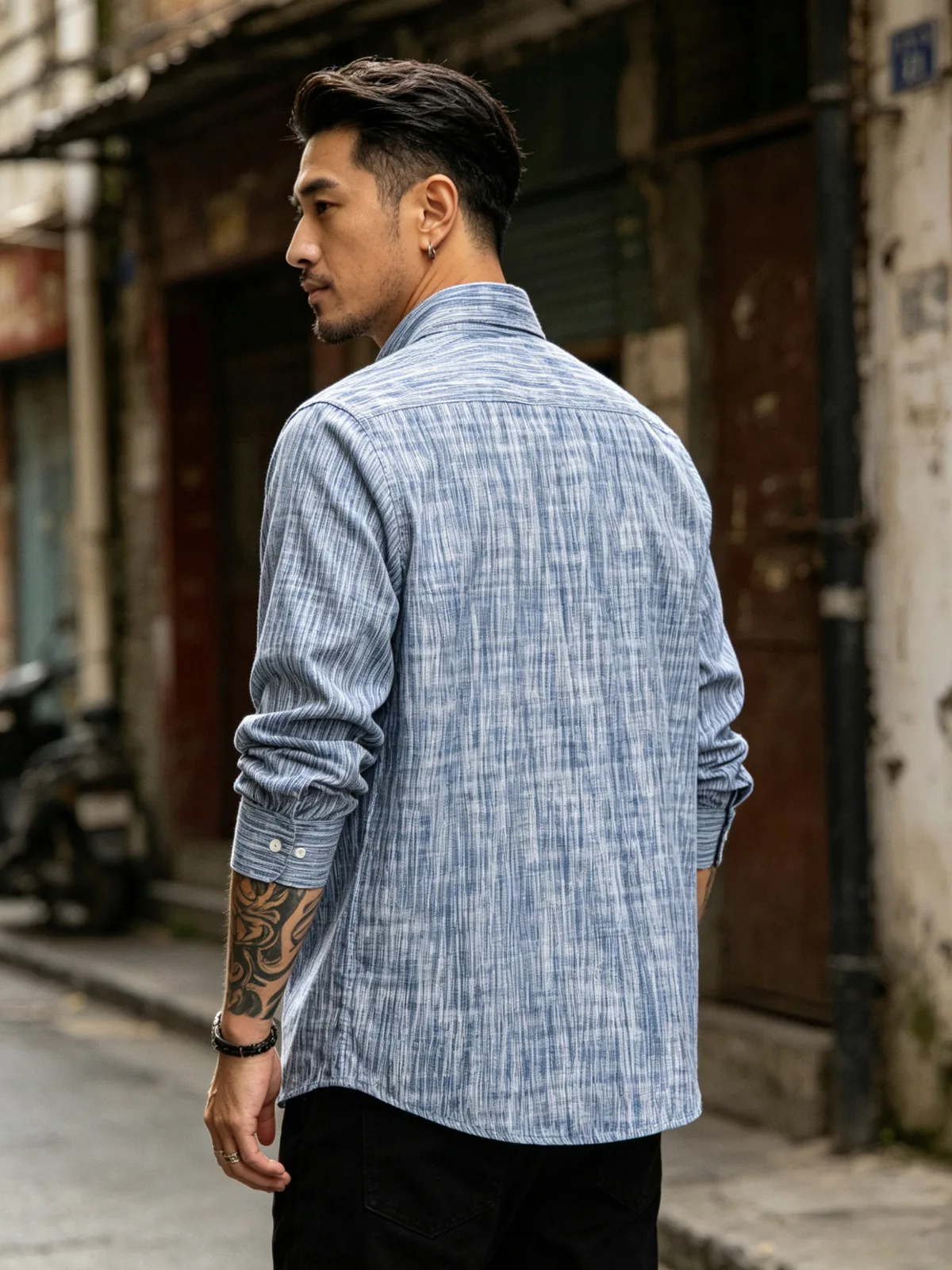 Japanese Vintage Kasuri Weave Work Shirt for Men 2026 Autumn Retro Amekaji Rain Pattern Long Sleeve Shirt OKONKWO