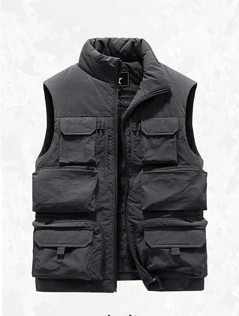 Men's New Keep Warm Fleece Work Sleeveless Jacket Slim Fit Windbreaker Fashion Many Pocket Jacket Men Winter Sleeveless Jackets