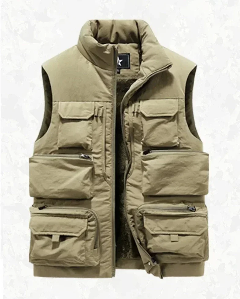 Men's New Keep Warm Fleece Work Sleeveless Jacket Slim Fit Windbreaker Fashion Many Pocket Jacket Men Winter Sleeveless Jackets