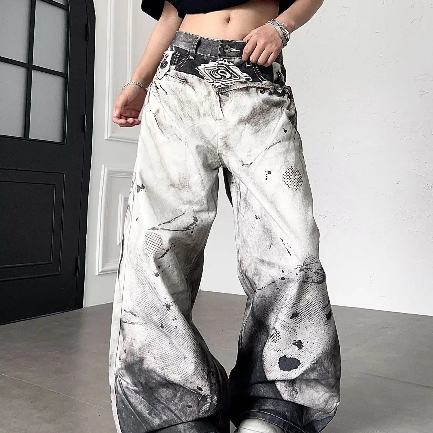 Men's Fashionable Printed Patterns Casual Pants High Waist Unisex Baggy Trousers Street Boys Bottom Male Wide Legs Sweatpants