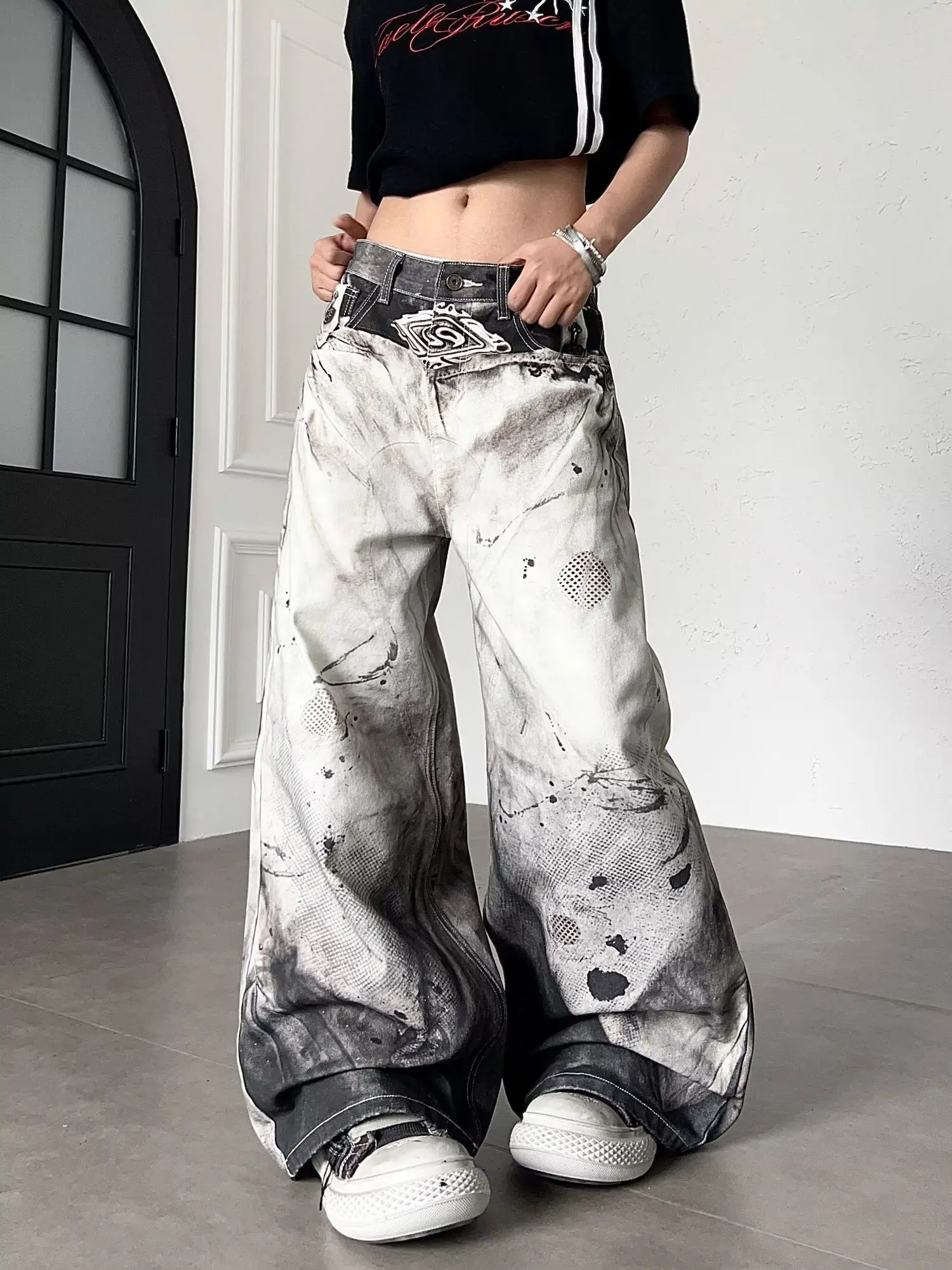 Men's Fashionable Printed Patterns Casual Pants High Waist Unisex Baggy Trousers Street Boys Bottom Male Wide Legs Sweatpants