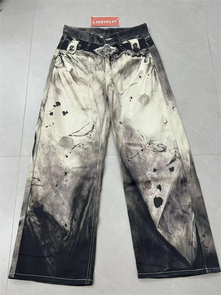 Men's Fashionable Printed Patterns Casual Pants High Waist Unisex Baggy Trousers Street Boys Bottom Male Wide Legs Sweatpants