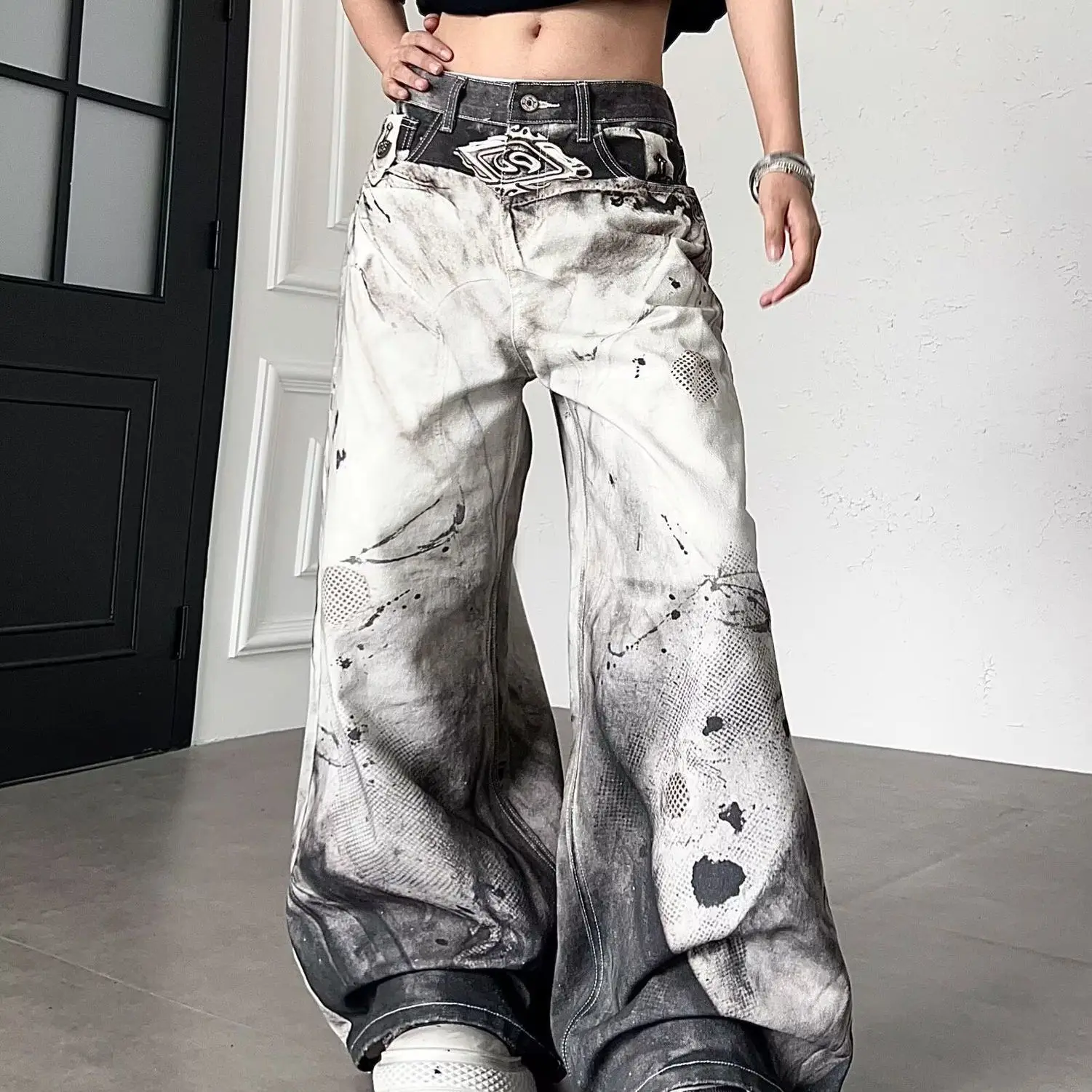 Men's Fashionable Printed Patterns Casual Pants High Waist Unisex Baggy Trousers Street Boys Bottom Male Wide Legs Sweatpants