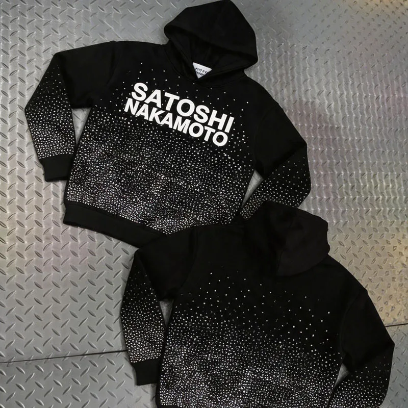 Vintage Distressed Trend Diamond Studded Satoshi Nakamoto Hooded Sweatshirt Men Women New High Street Fashion Hip Hop Pullover