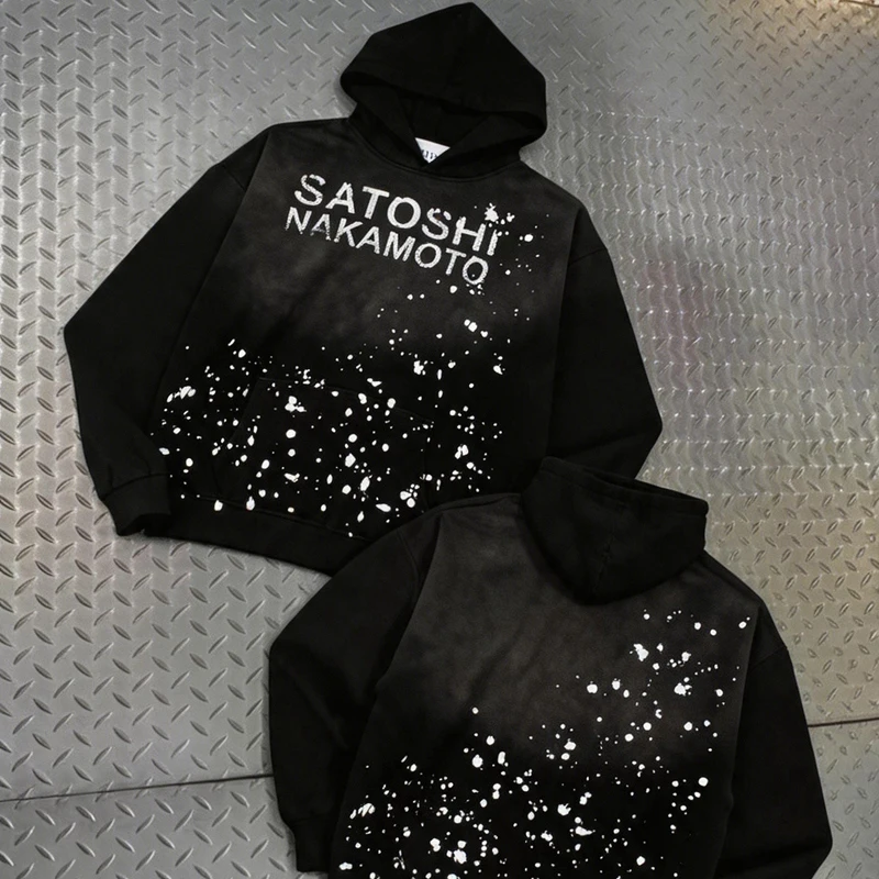 Vintage Distressed Trend Diamond Studded Satoshi Nakamoto Hooded Sweatshirt Men Women New High Street Fashion Hip Hop Pullover