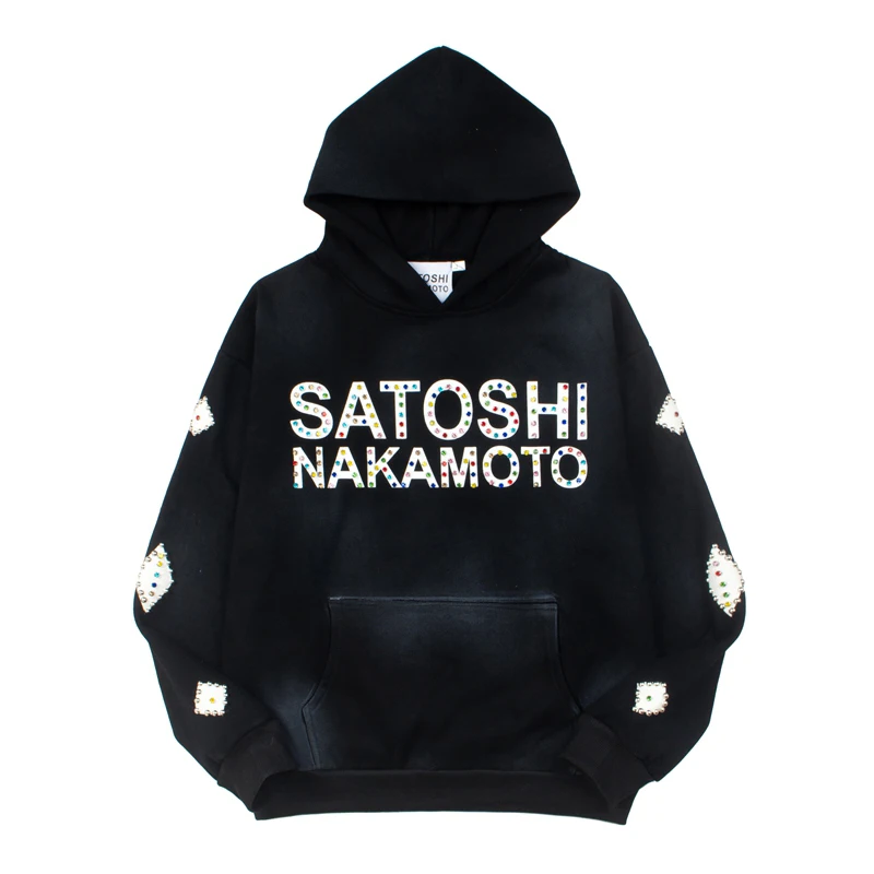Vintage Distressed Trend Diamond Studded Satoshi Nakamoto Hooded Sweatshirt Men Women New High Street Fashion Hip Hop Pullover