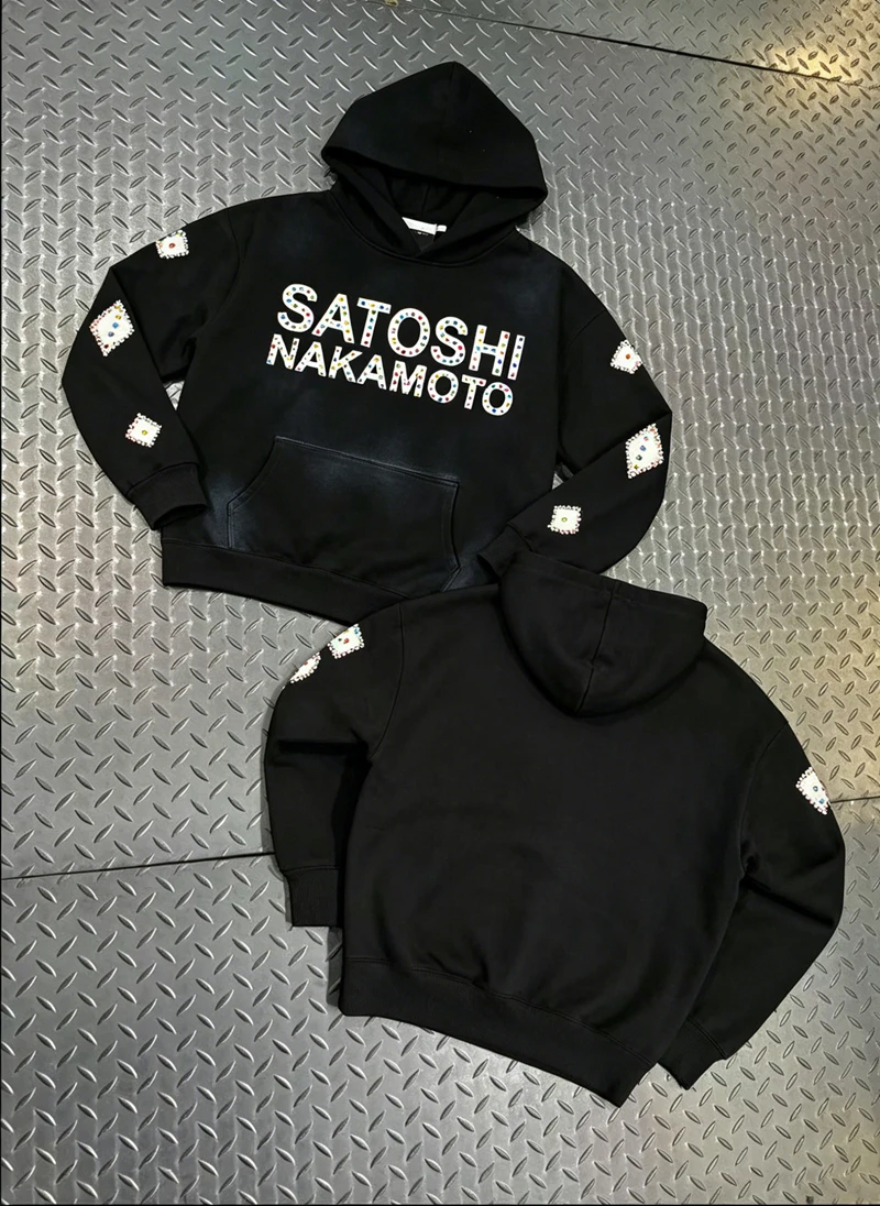 Vintage Distressed Trend Diamond Studded Satoshi Nakamoto Hooded Sweatshirt Men Women New High Street Fashion Hip Hop Pullover