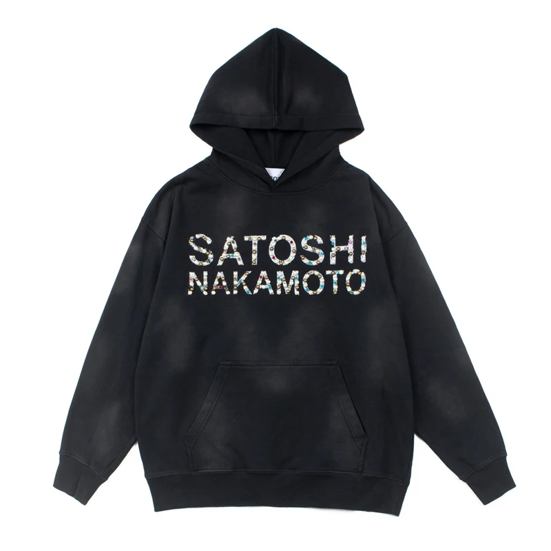 Vintage Distressed Trend Diamond Studded Satoshi Nakamoto Hooded Sweatshirt Men Women New High Street Fashion Hip Hop Pullover